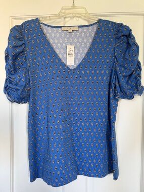 LOFT Bright Blue Paisley V-Neck Puff Sleeve Blouse